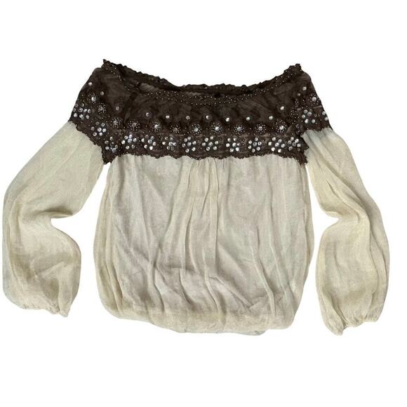 Ryu Collection Blouse Cream & Brown Lace Off the Shoulder Top Women’s Sz L NWT - Picture 2 of 11